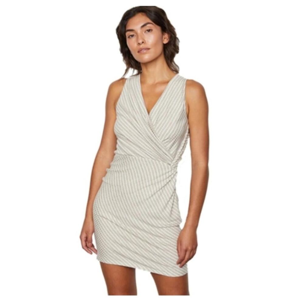 Bailey 44 Women's Sleeveless Faux Wrap Surplice Tiva Mini Dress in Linen & White - Picture 2 of 15